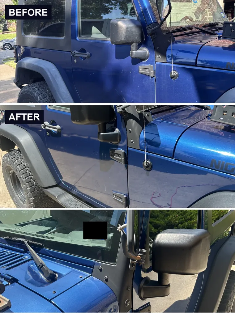 Jeep Wrangler door and fender before and after an exterior detail